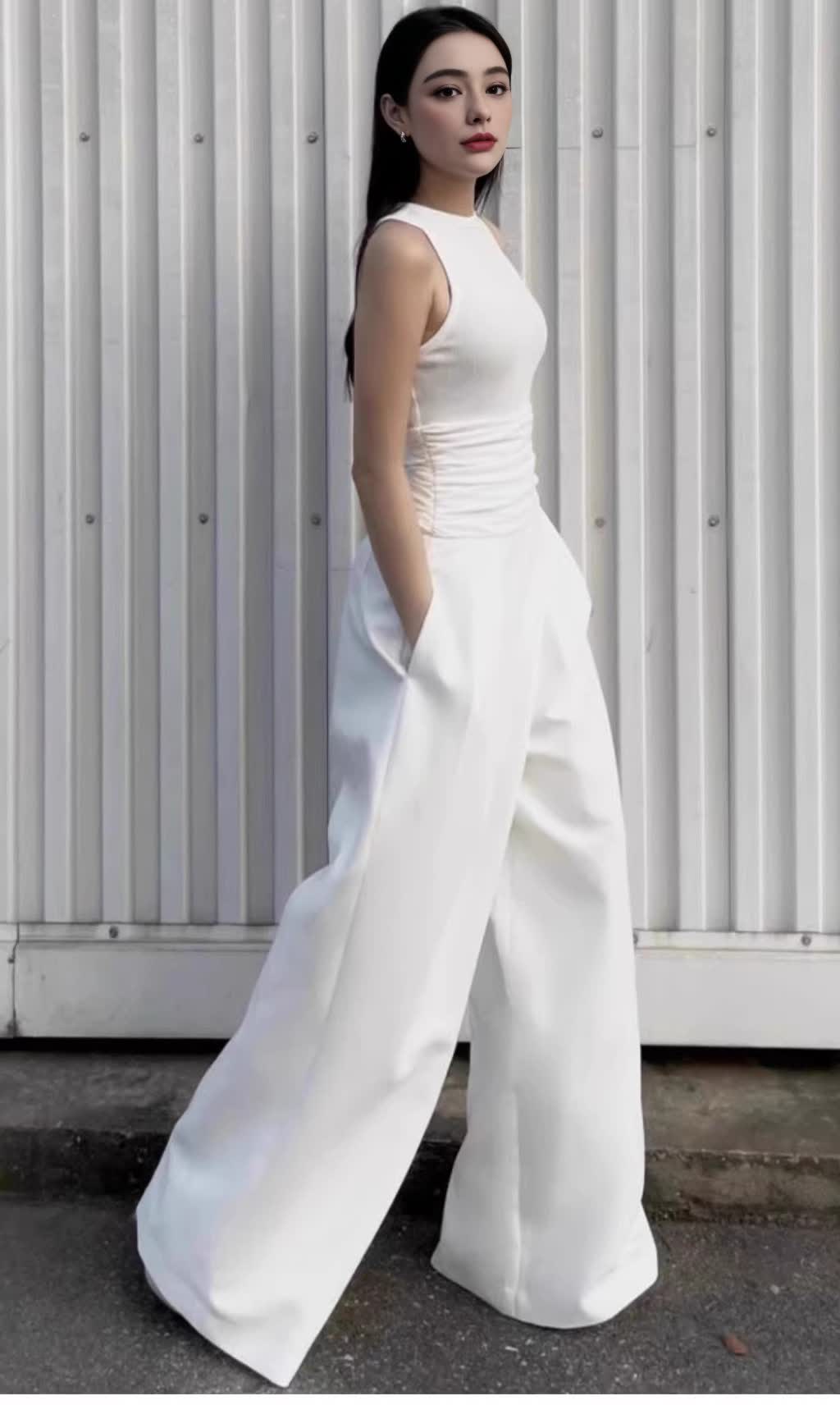 VEST HIGH WAIST WIDE LEG LONG SKIRT SUIT IN WHITE