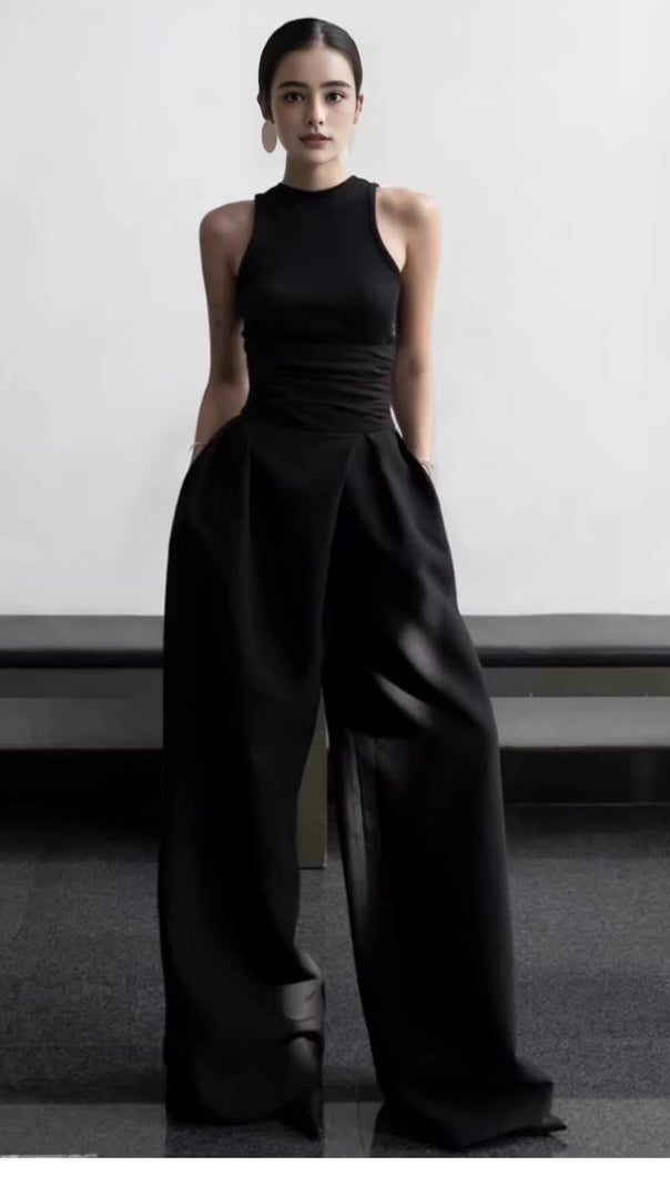 AIIZIE VEST HIGH WAIST WIDE LEG LONG SKIRT SUIT IN BLACK - product image