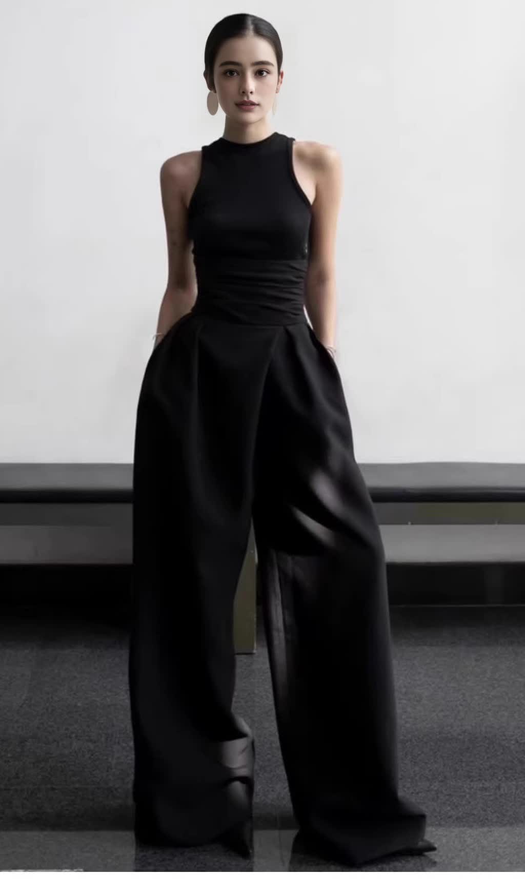 VEST HIGH WAIST WIDE LEG LONG SKIRT SUIT IN BLACK