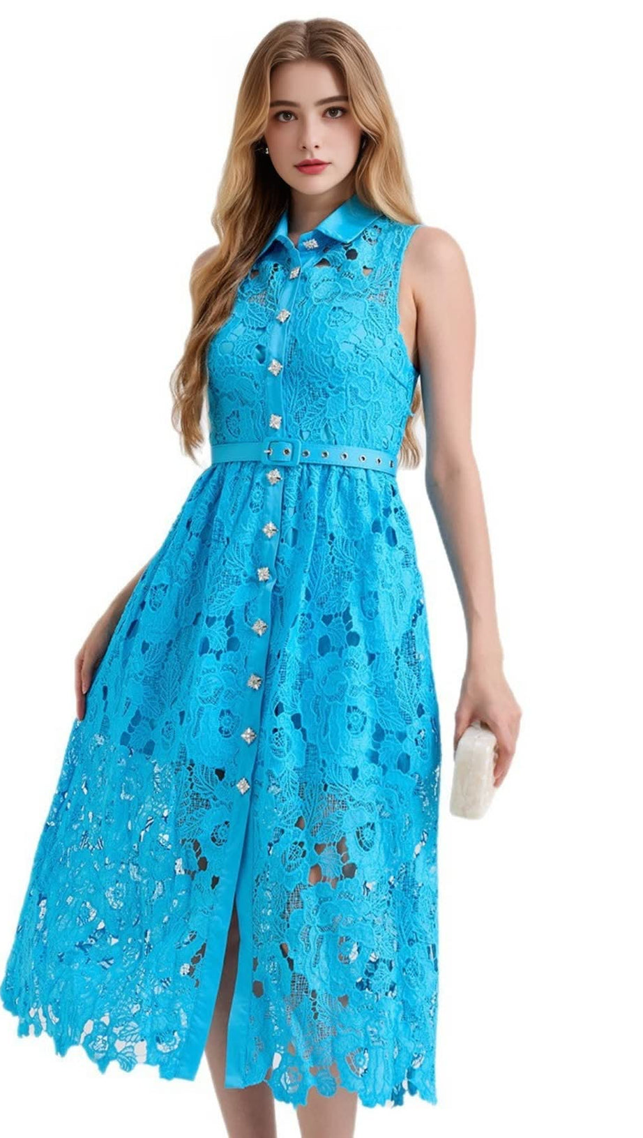 Ärmelloses, schmales Kleid mit hohem Bund und Kragen in Blau