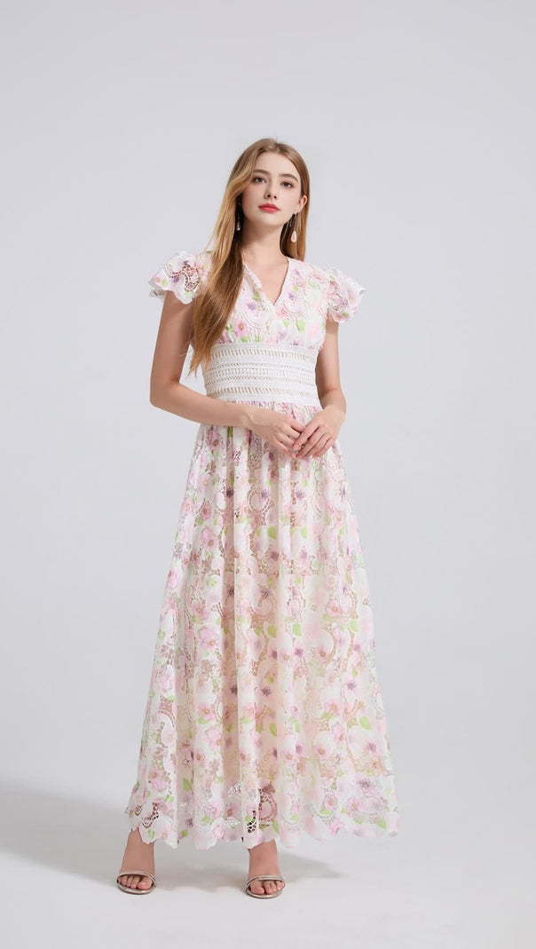 AIIZIE FLYING SLEEVES HIGH WAIST SLIM FIT FLORAL LACE DRESS - product image