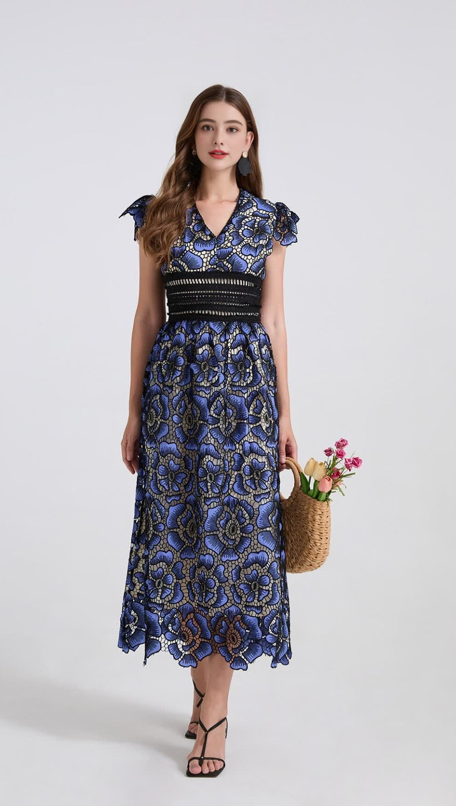 BLUE FLYING SLEEVES HIGH WAIST SLIM FIT FLORAL LACE DRESS