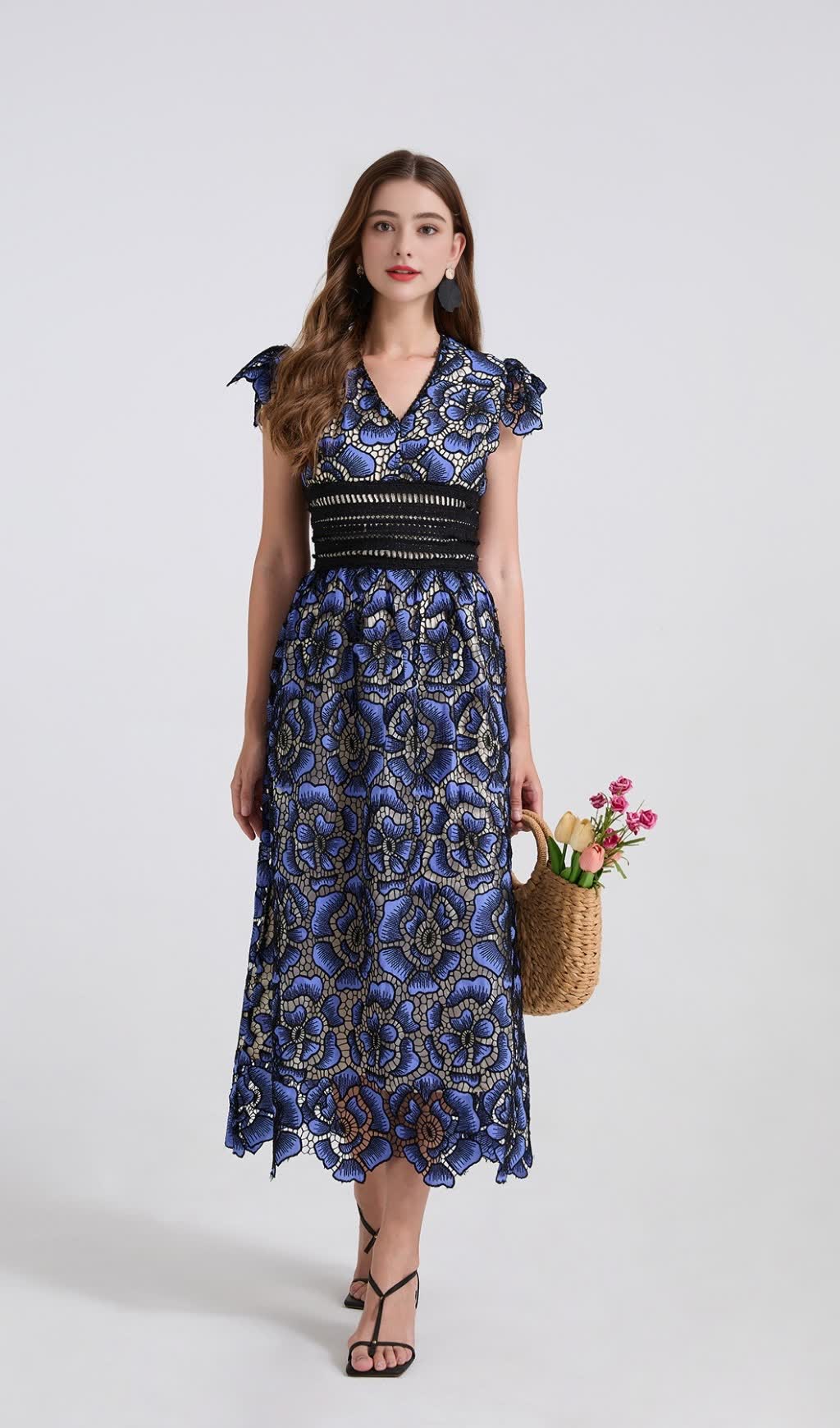 BLUE FLYING SLEEVES HIGH WAIST SLIM FIT FLORAL LACE DRESS