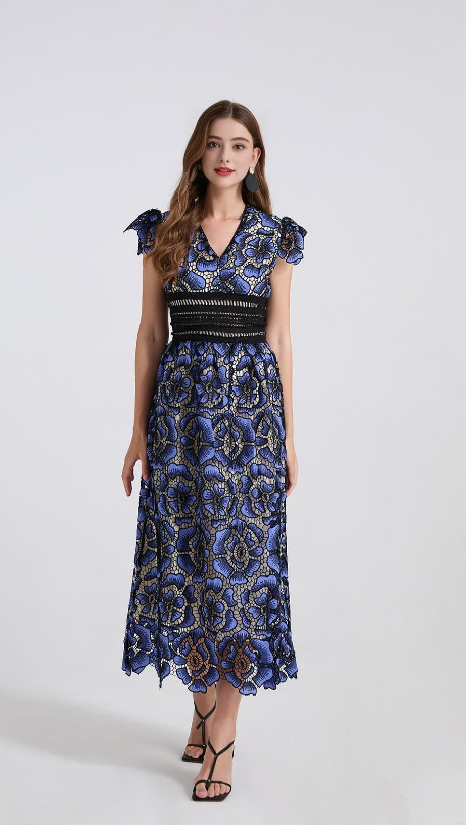 BLUE FLYING SLEEVES HIGH WAIST SLIM FIT FLORAL LACE DRESS