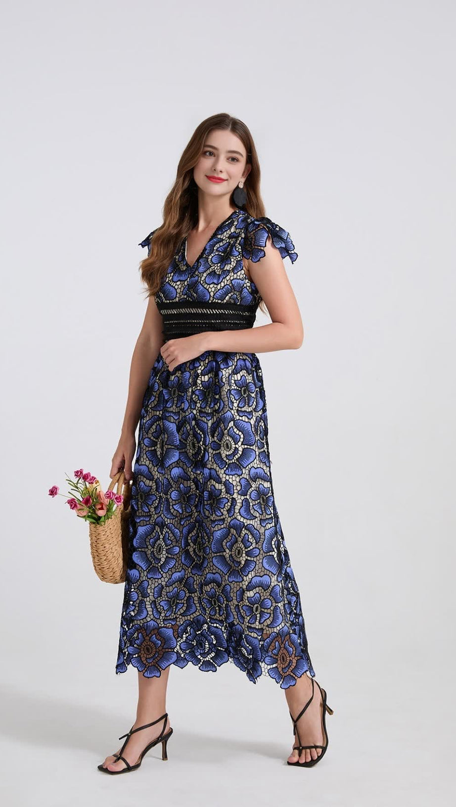 BLUE FLYING SLEEVES HIGH WAIST SLIM FIT FLORAL LACE DRESS