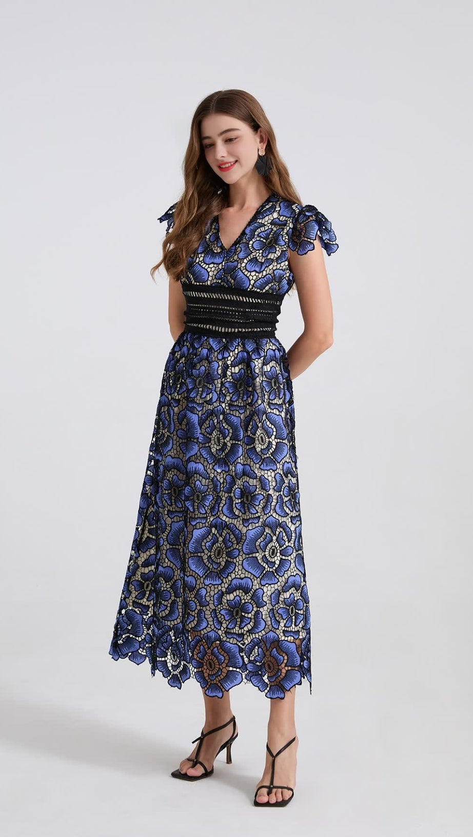 BLUE FLYING SLEEVES HIGH WAIST SLIM FIT FLORAL LACE DRESS