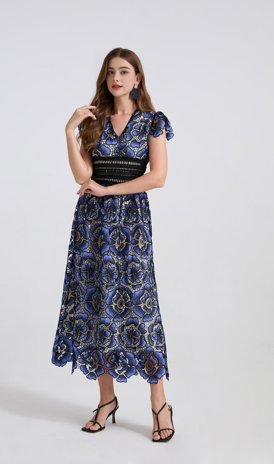 BLUE FLYING SLEEVES HIGH WAIST SLIM FIT FLORAL LACE DRESS