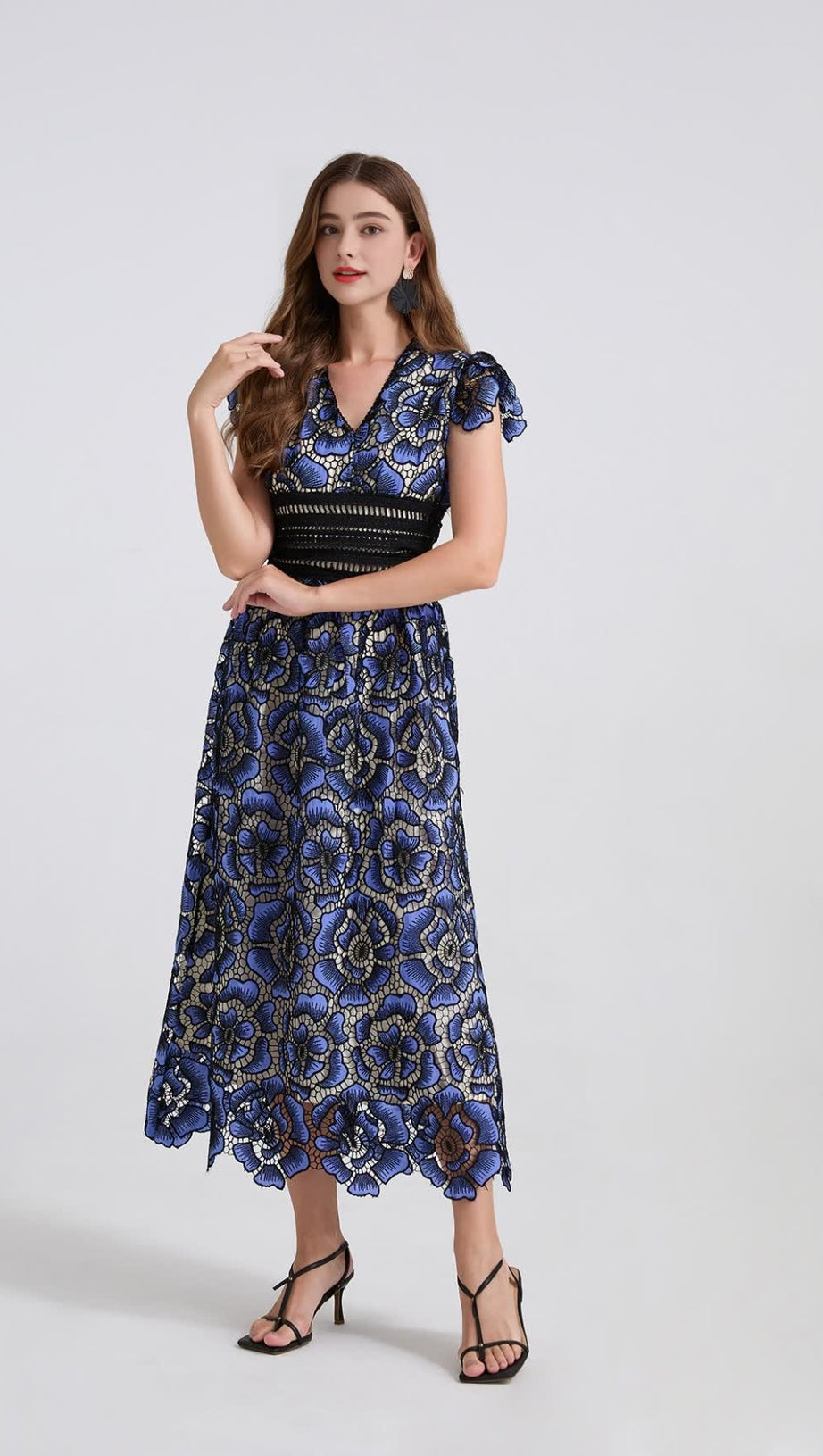 BLUE FLYING SLEEVES HIGH WAIST SLIM FIT FLORAL LACE DRESS