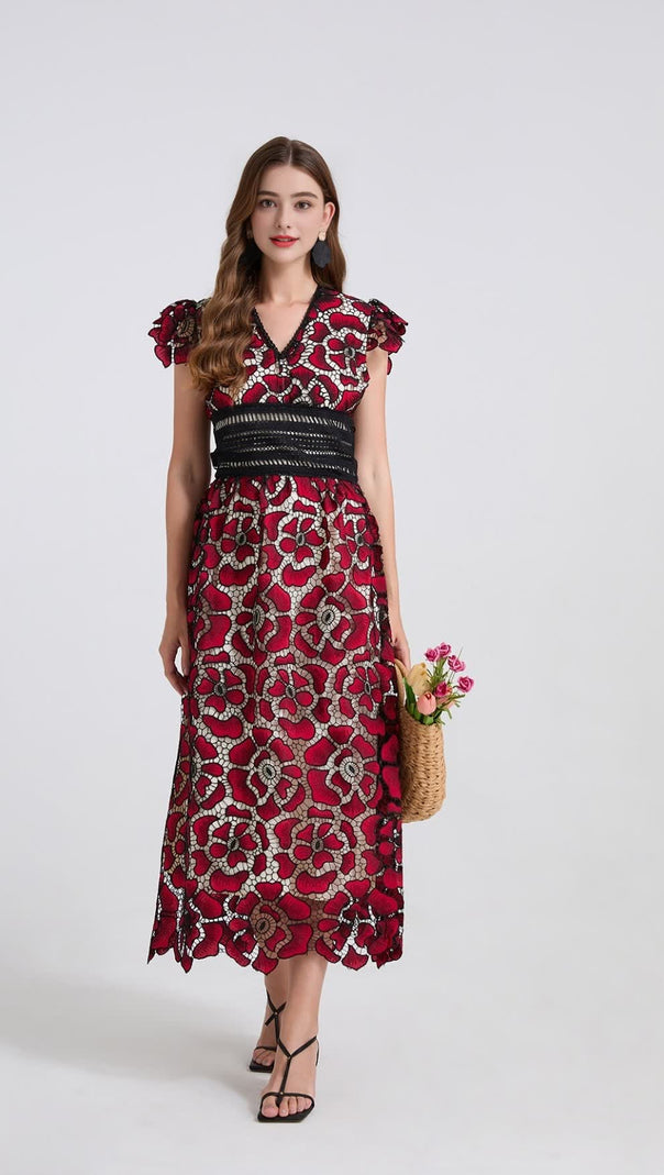 AIIZIE WINE RED FLYING SLEEVES HIGH WAIST SLIM FIT FLORAL LACE DRESS - product image