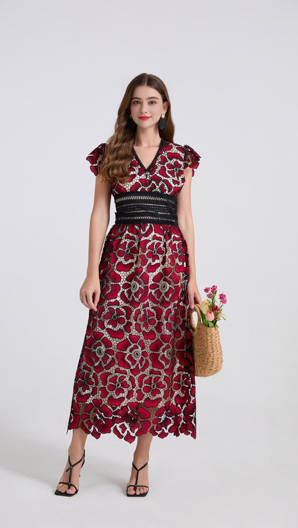 AIIZIE WINE RED FLYING SLEEVES HIGH WAIST SLIM FIT FLORAL LACE DRESS - product image