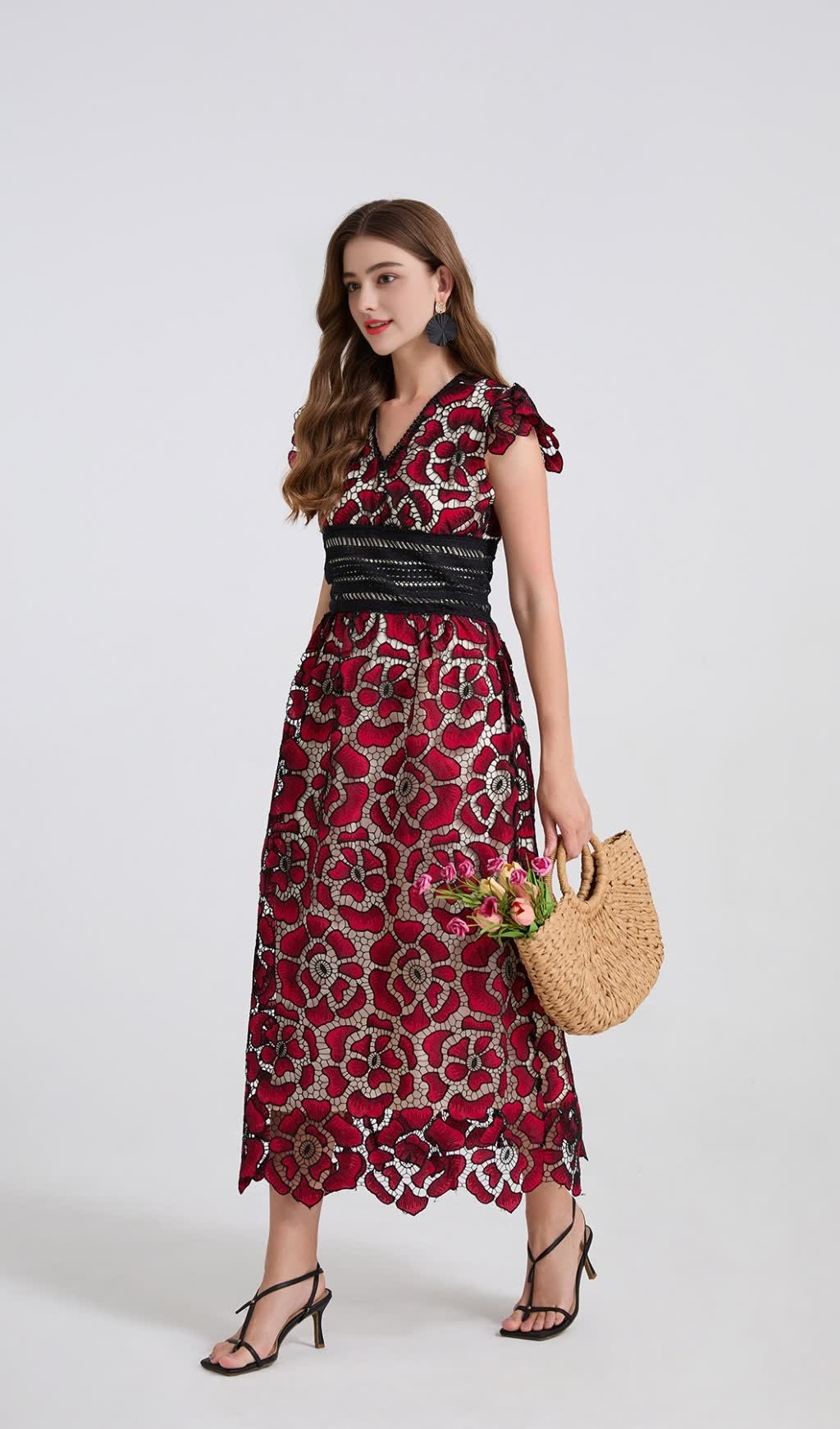 WINE RED FLYING SLEEVES HIGH WAIST SLIM FIT FLORAL LACE DRESS