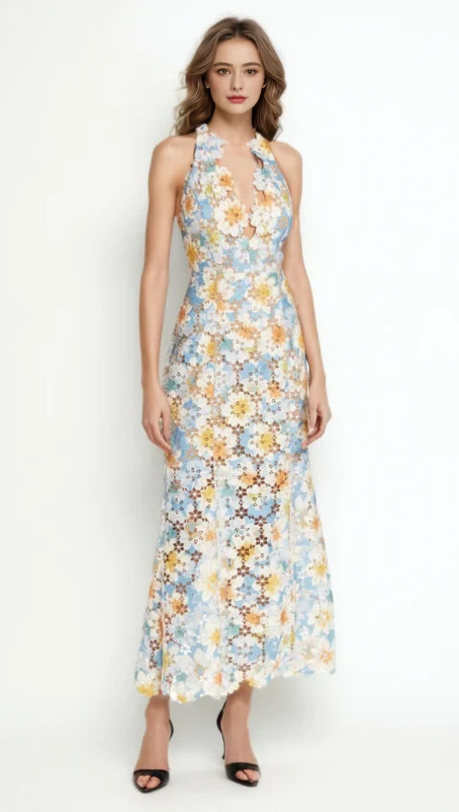 Langes Kleid mit V-Ausschnitt und seitlichem Schlitz