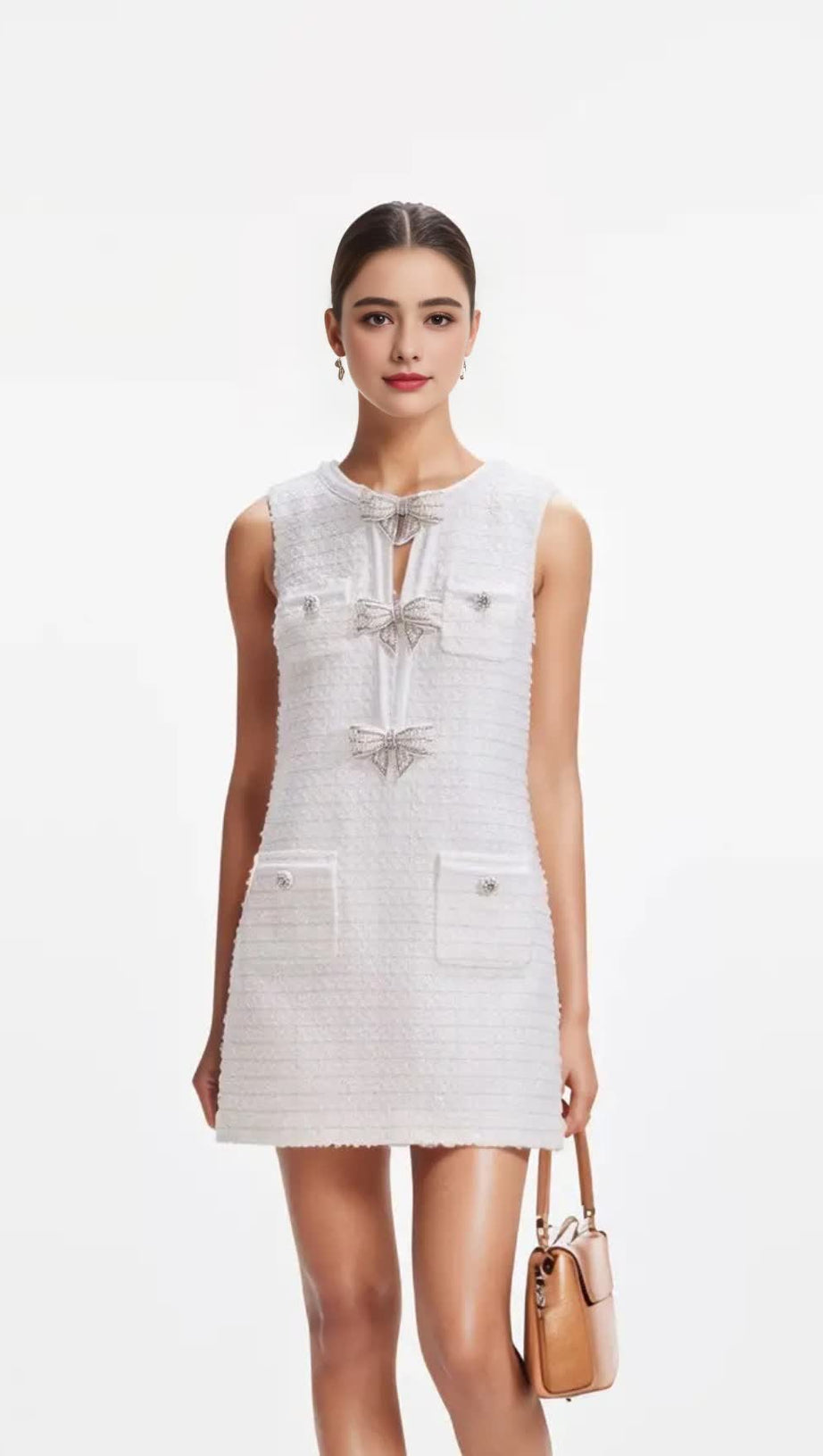 CREAM BOUCLE BOW MINI DRESS