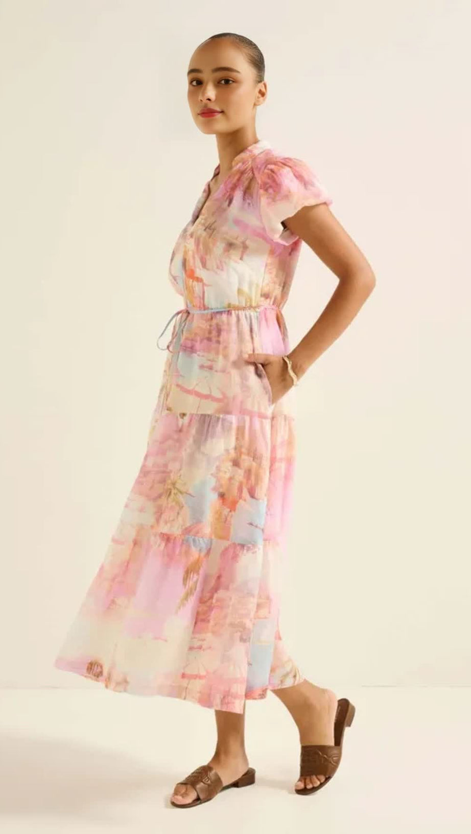 PUFF SLEEVES TIERED MIDI DRESS