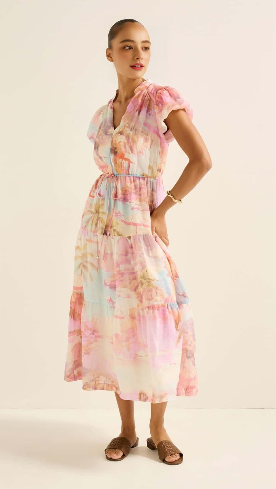 PUFF SLEEVES TIERED MIDI DRESS