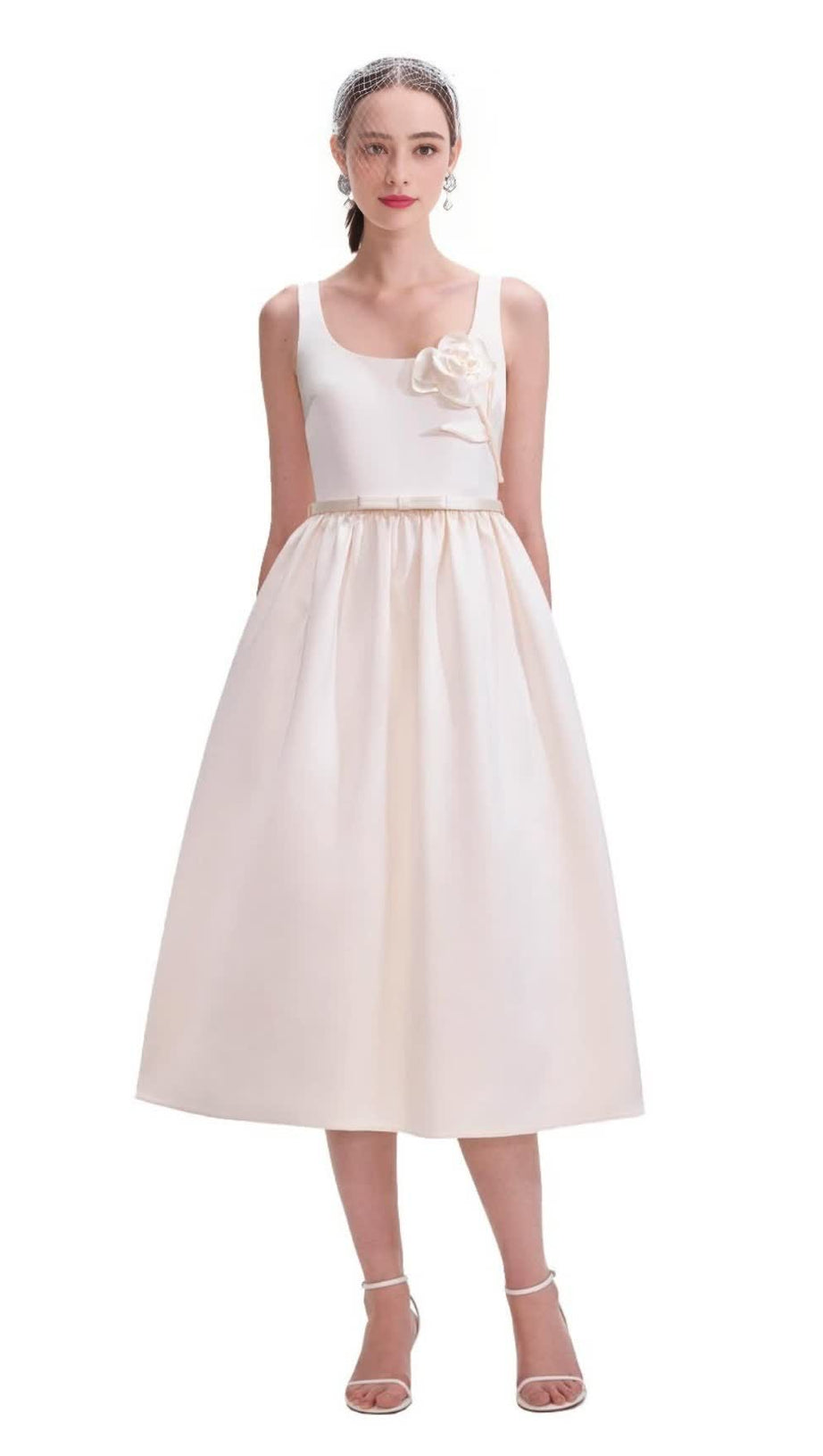 CREAM SATIN FLOWER MIDI DRESS