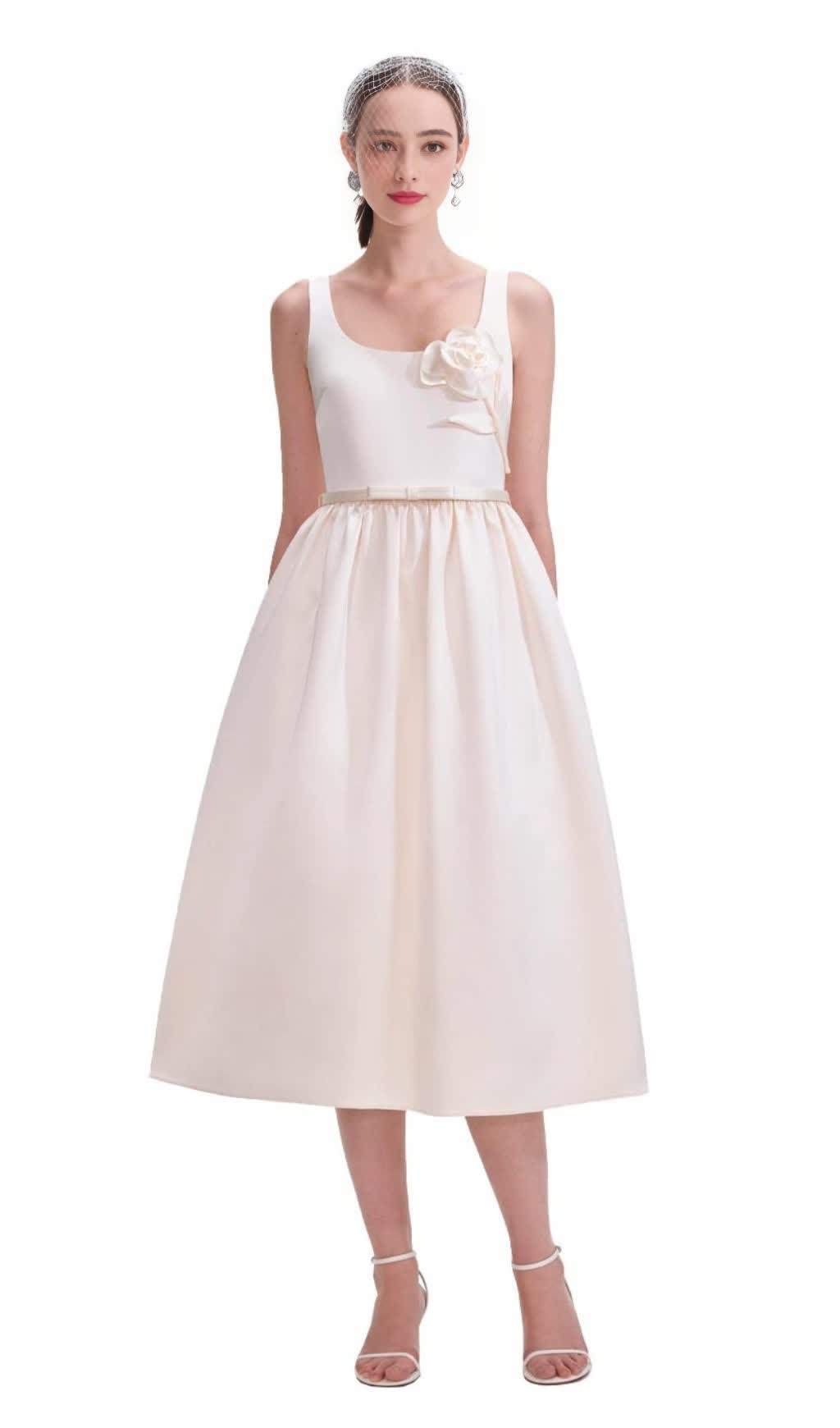 CREAM SATIN FLOWER MIDI DRESS