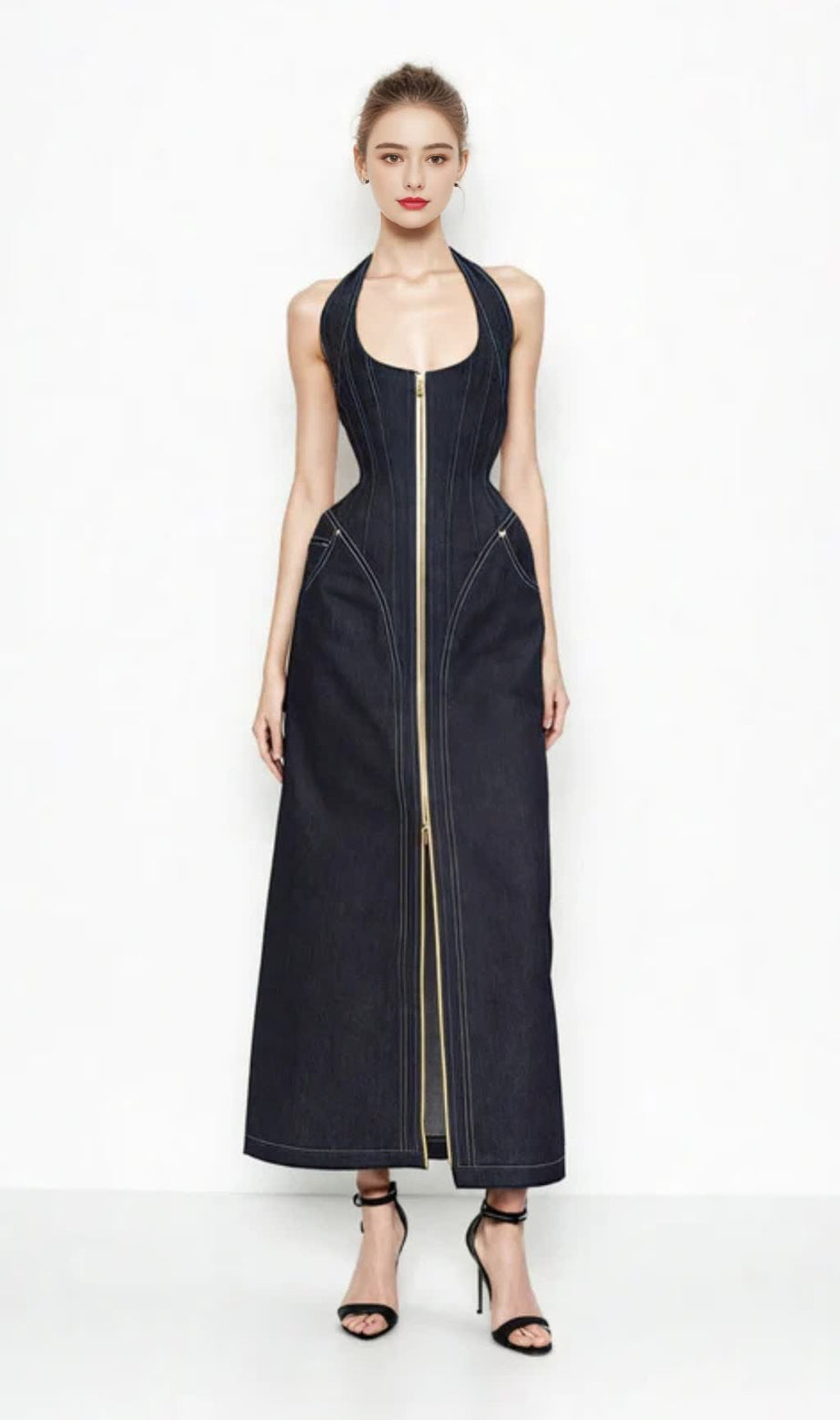 Abito lungo patchwork in denim