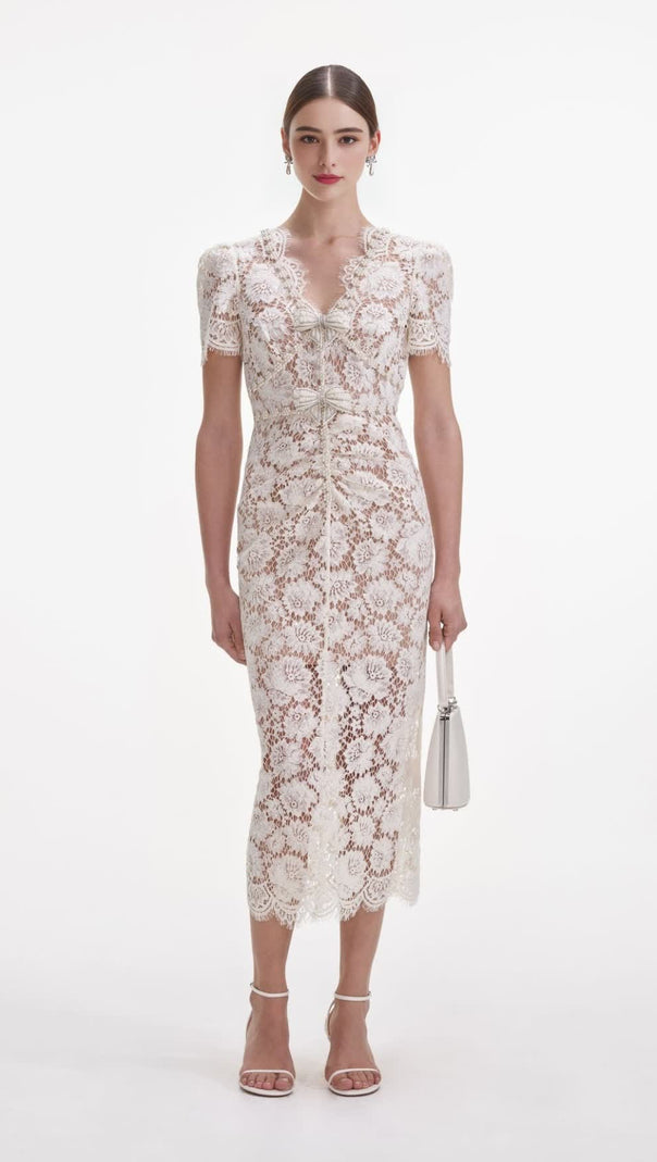 AIIZIE CRYSTAL BOW DETAILED V NECK LACE MIDI DESIGN DRESS - product image