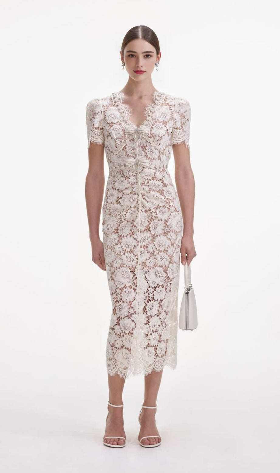 Abito midi in pizzo con scollo a V e fiocco di cristallo
