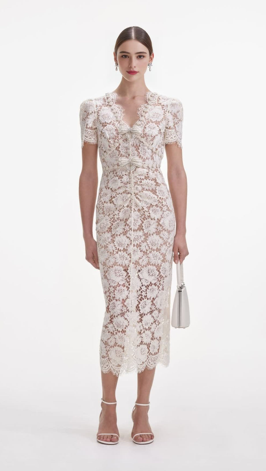 CRYSTAL BOW DETAILED V NECK LACE MIDI DESIGN DRESS