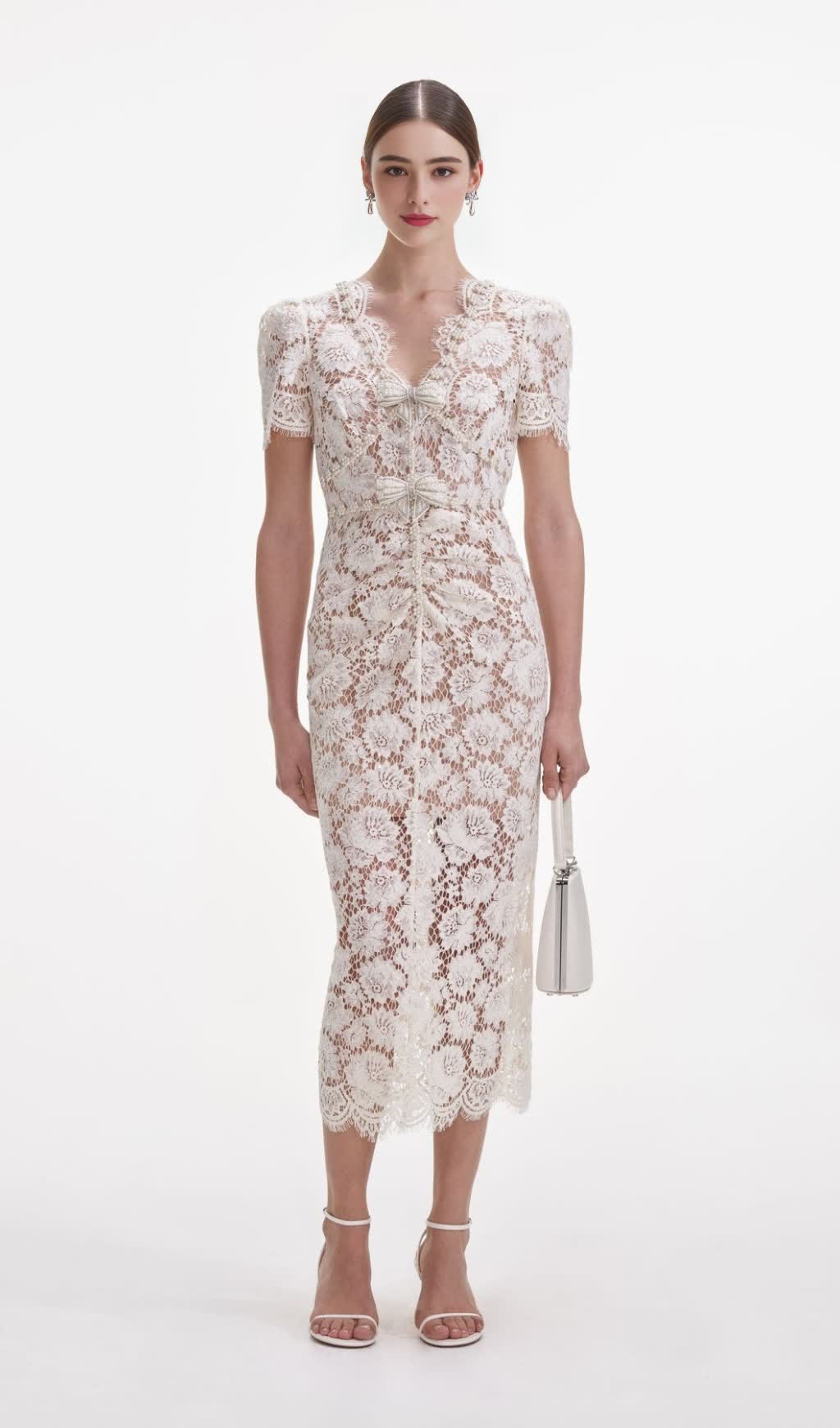 CRYSTAL BOW DETAILED V NECK LACE MIDI DESIGN DRESS