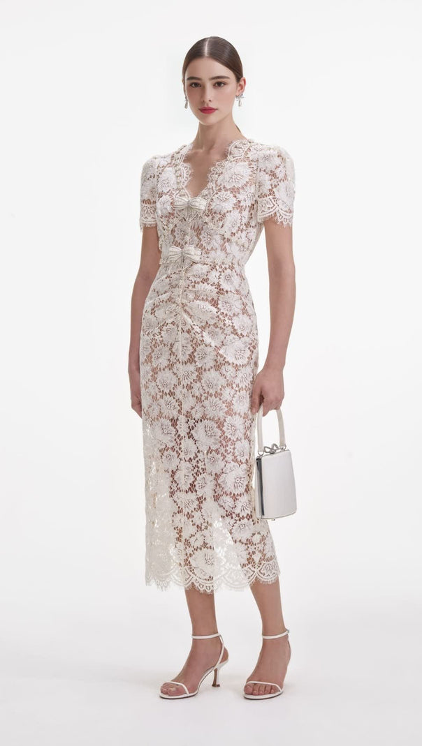 AIIZIE CRYSTAL BOW DETAILED V NECK LACE MIDI DESIGN DRESS - product image