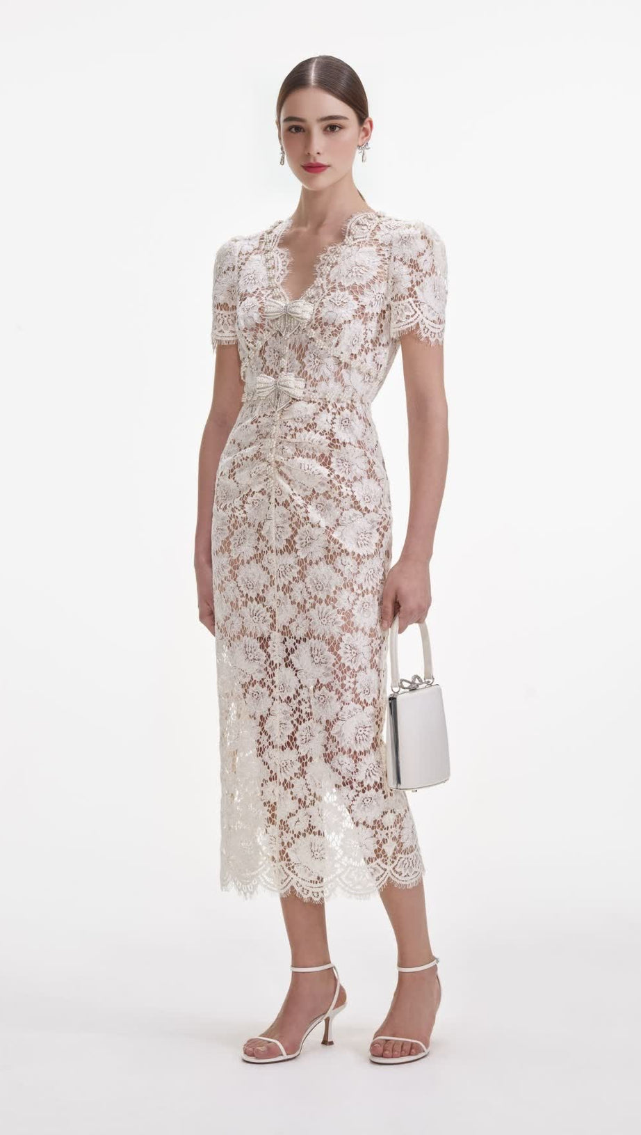 CRYSTAL BOW DETAILED V NECK LACE MIDI DESIGN DRESS