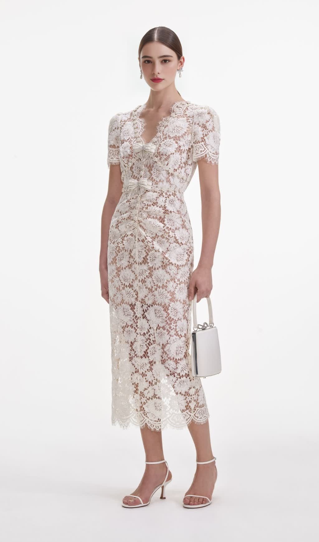 CRYSTAL BOW DETAILED V NECK LACE MIDI DESIGN DRESS