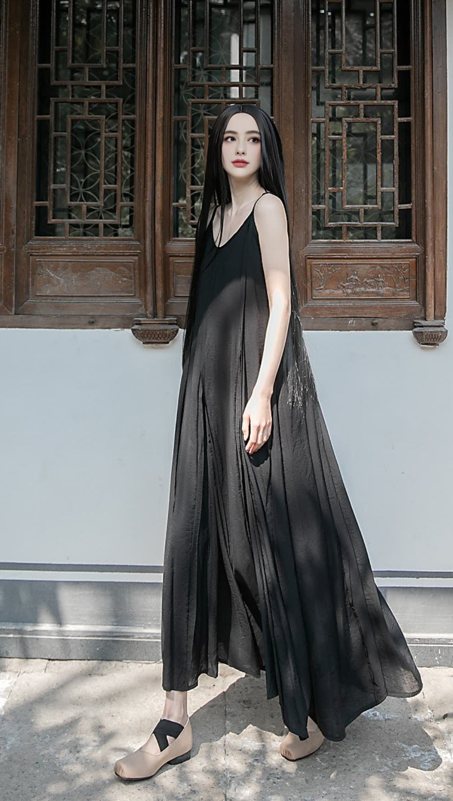 BLACK STRAP RAW - EDGE PATCHWORK MAXI DRESS