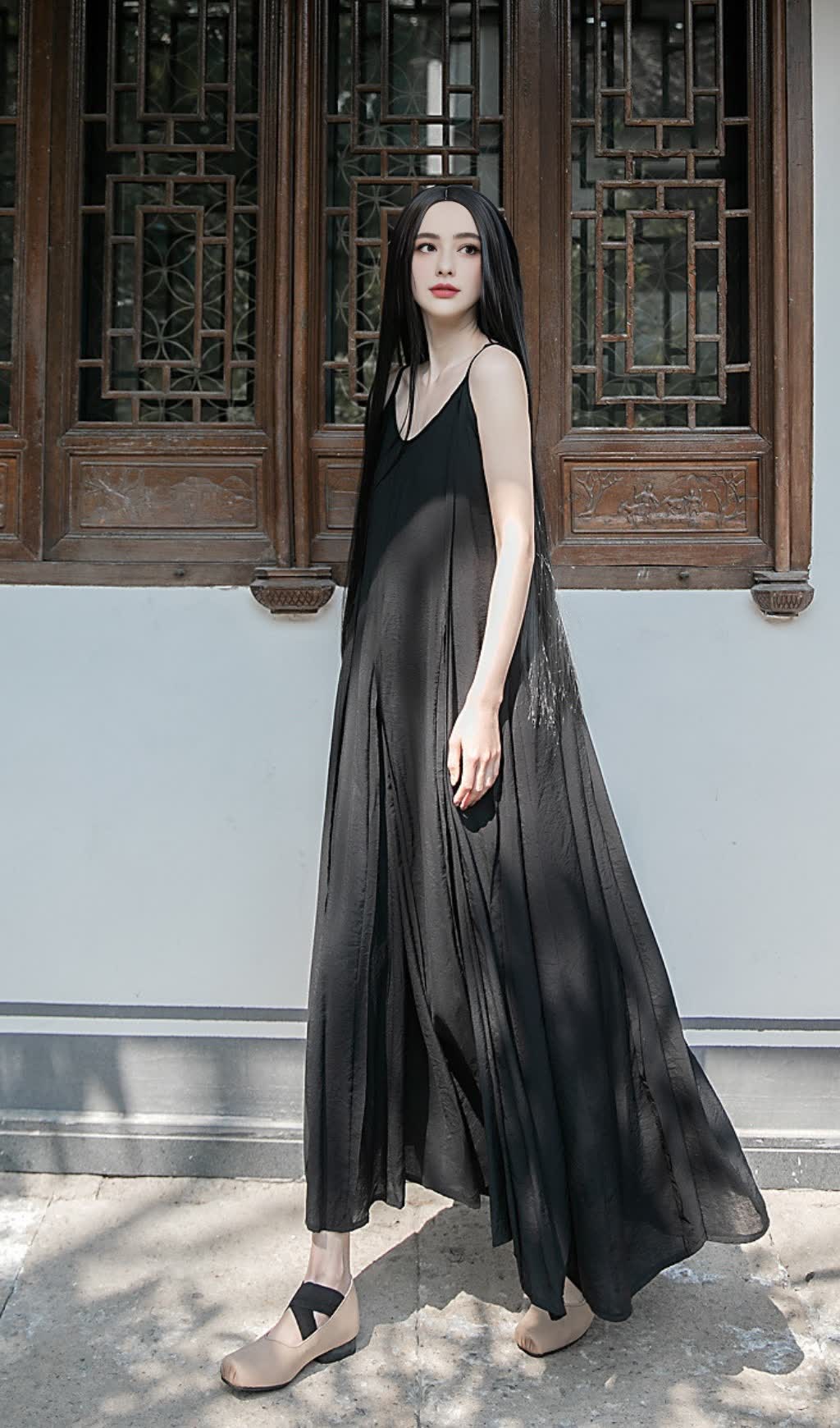 BLACK STRAP RAW - EDGE PATCHWORK MAXI DRESS