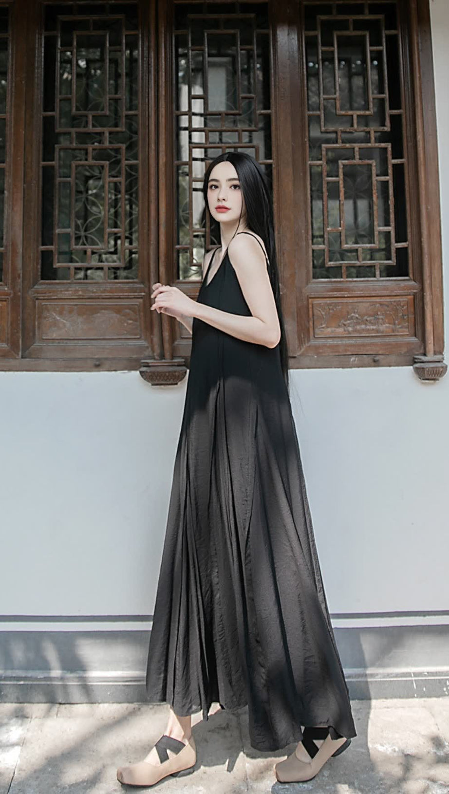 BLACK STRAP RAW - EDGE PATCHWORK MAXI DRESS