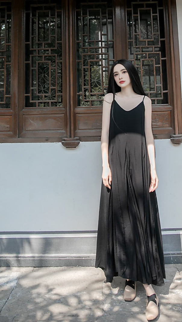 AIIZIE BLACK STRAP RAW - EDGE PATCHWORK MAXI DRESS - product image