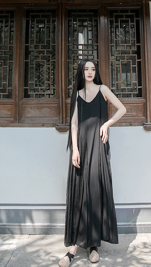 AIIZIE BLACK STRAP RAW - EDGE PATCHWORK MAXI DRESS - product image