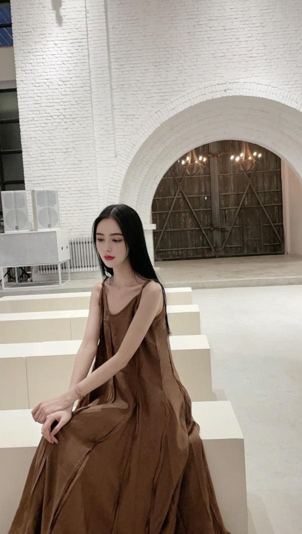 AIIZIE COFFEE STRAP RAW - EDGE PATCHWORK MAXI DRESS - product image