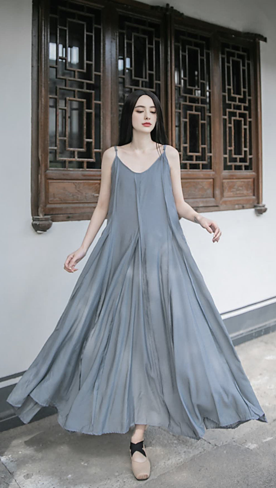 GREY STRAP RAW - EDGE PATCHWORK MAXI DRESS