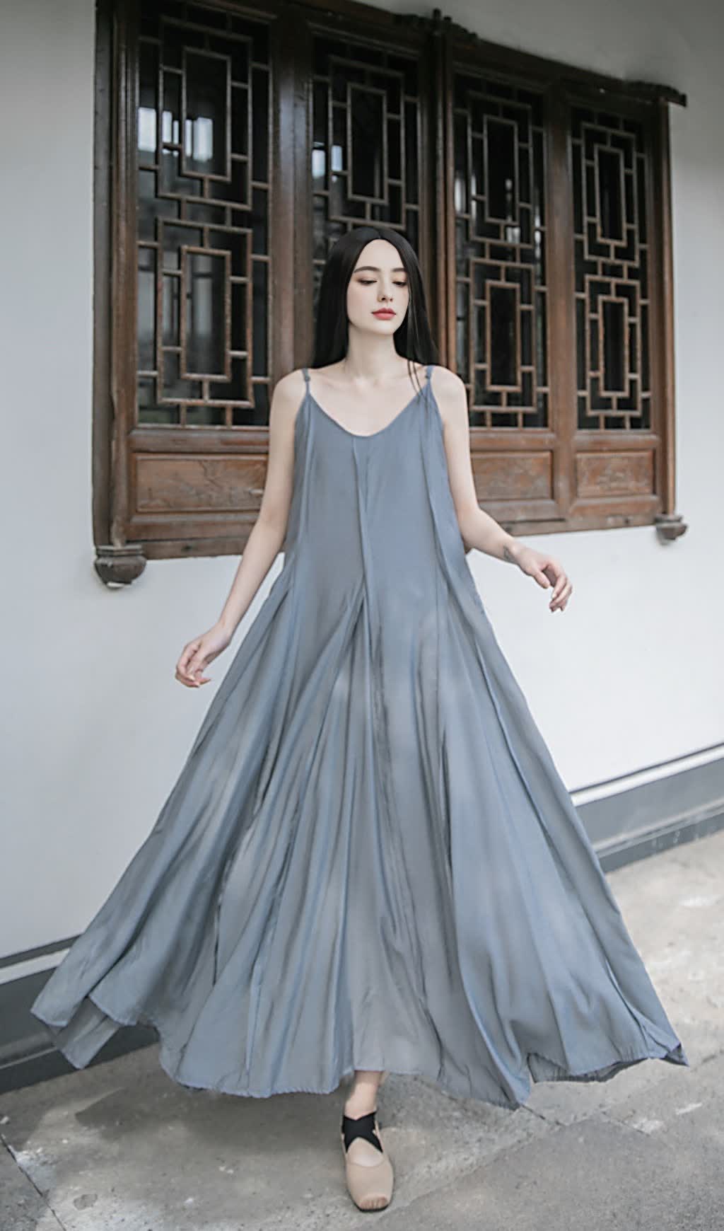 GREY STRAP RAW - EDGE PATCHWORK MAXI DRESS