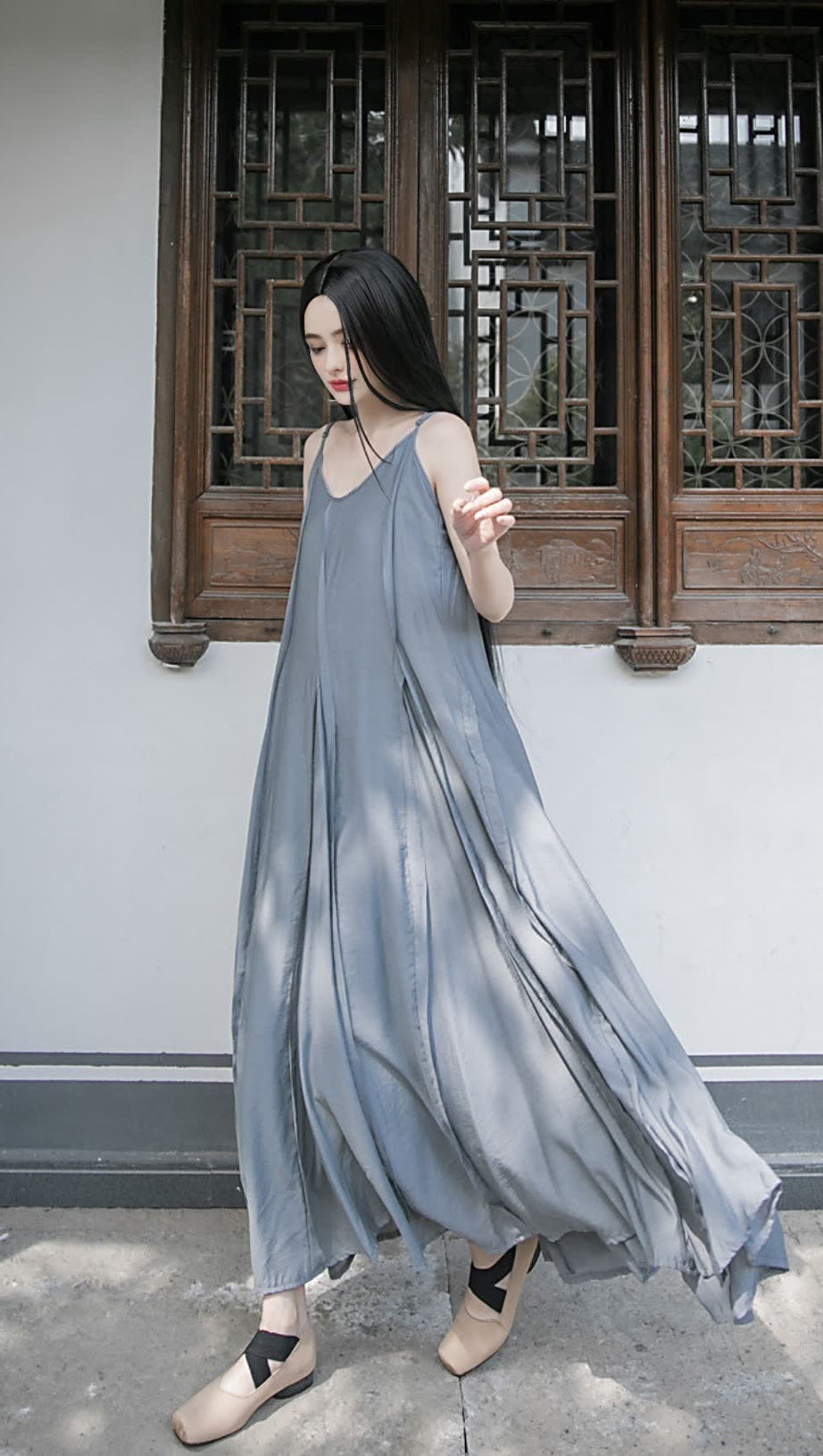 GREY STRAP RAW - EDGE PATCHWORK MAXI DRESS