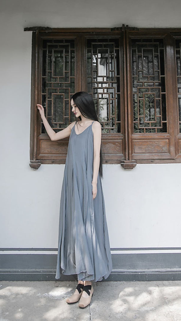 AIIZIE GREY STRAP RAW - EDGE PATCHWORK MAXI DRESS - product image