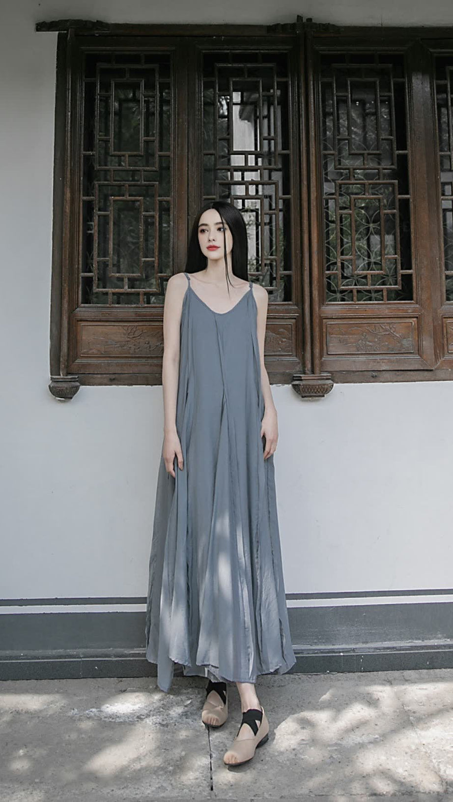 GREY STRAP RAW - EDGE PATCHWORK MAXI DRESS