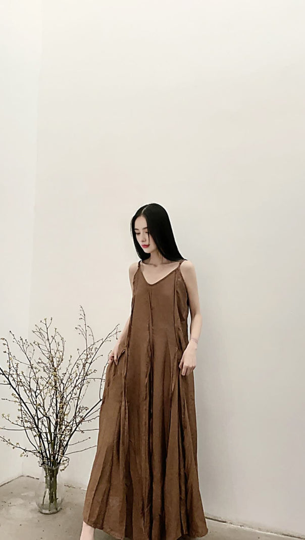 AIIZIE COFFEE STRAP RAW - EDGE PATCHWORK MAXI DRESS - product image
