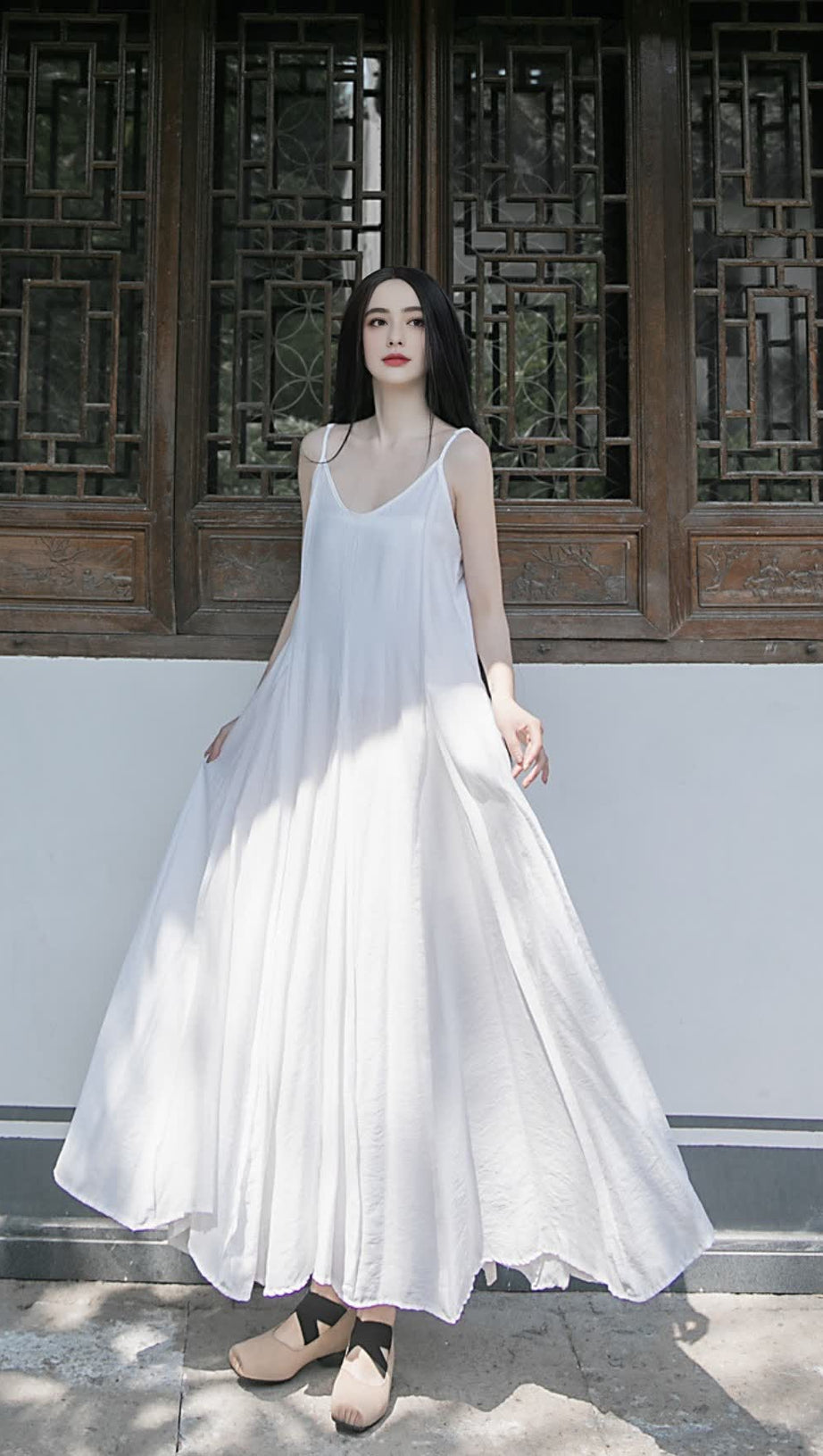 WHITE STRAP RAW - EDGE PATCHWORK MAXI DRESS