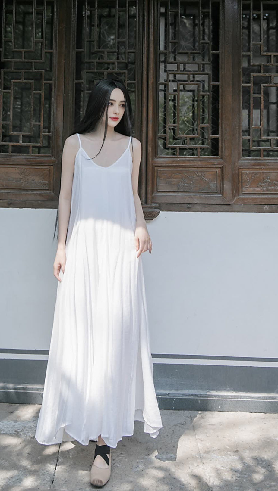 WHITE STRAP RAW - EDGE PATCHWORK MAXI DRESS
