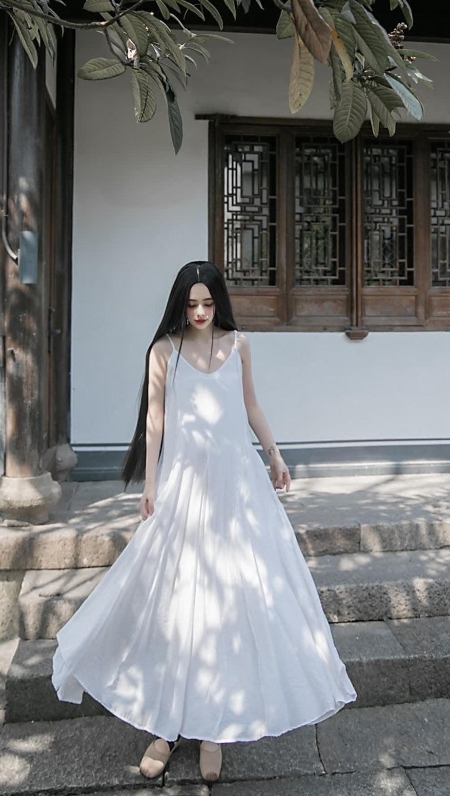 WHITE STRAP RAW - EDGE PATCHWORK MAXI DRESS