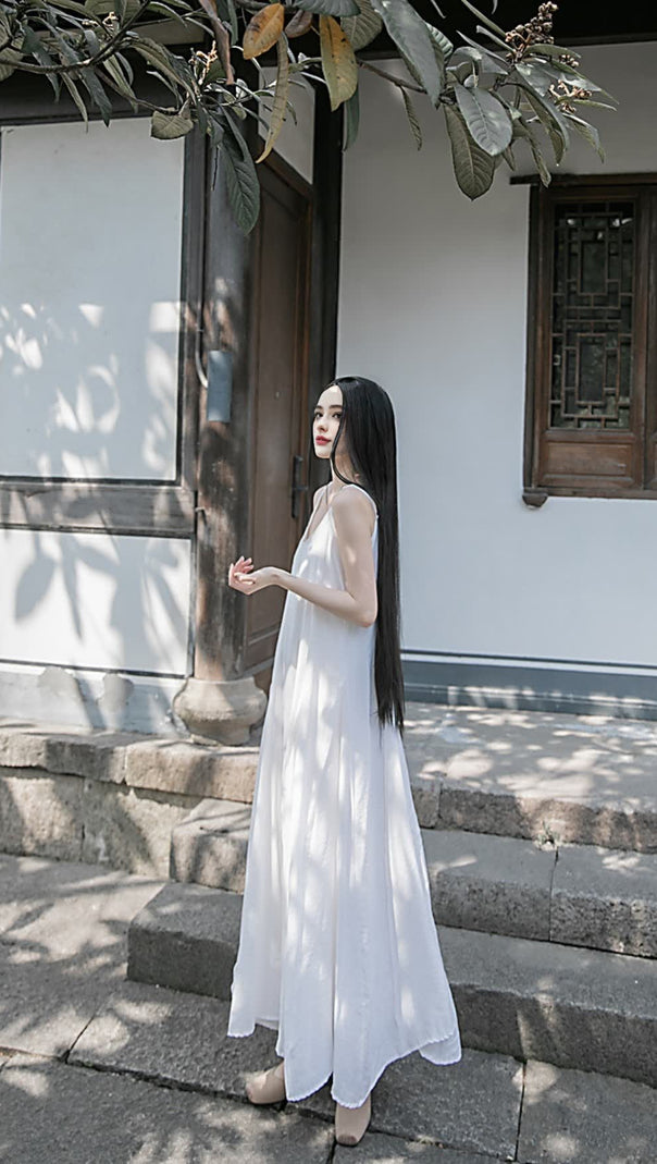 AIIZIE WHITE STRAP RAW - EDGE PATCHWORK MAXI DRESS - product image