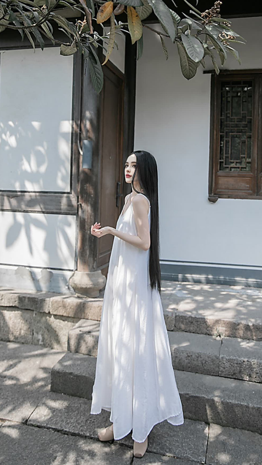 WHITE STRAP RAW - EDGE PATCHWORK MAXI DRESS