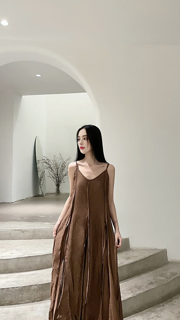 AIIZIE COFFEE STRAP RAW - EDGE PATCHWORK MAXI DRESS - product image