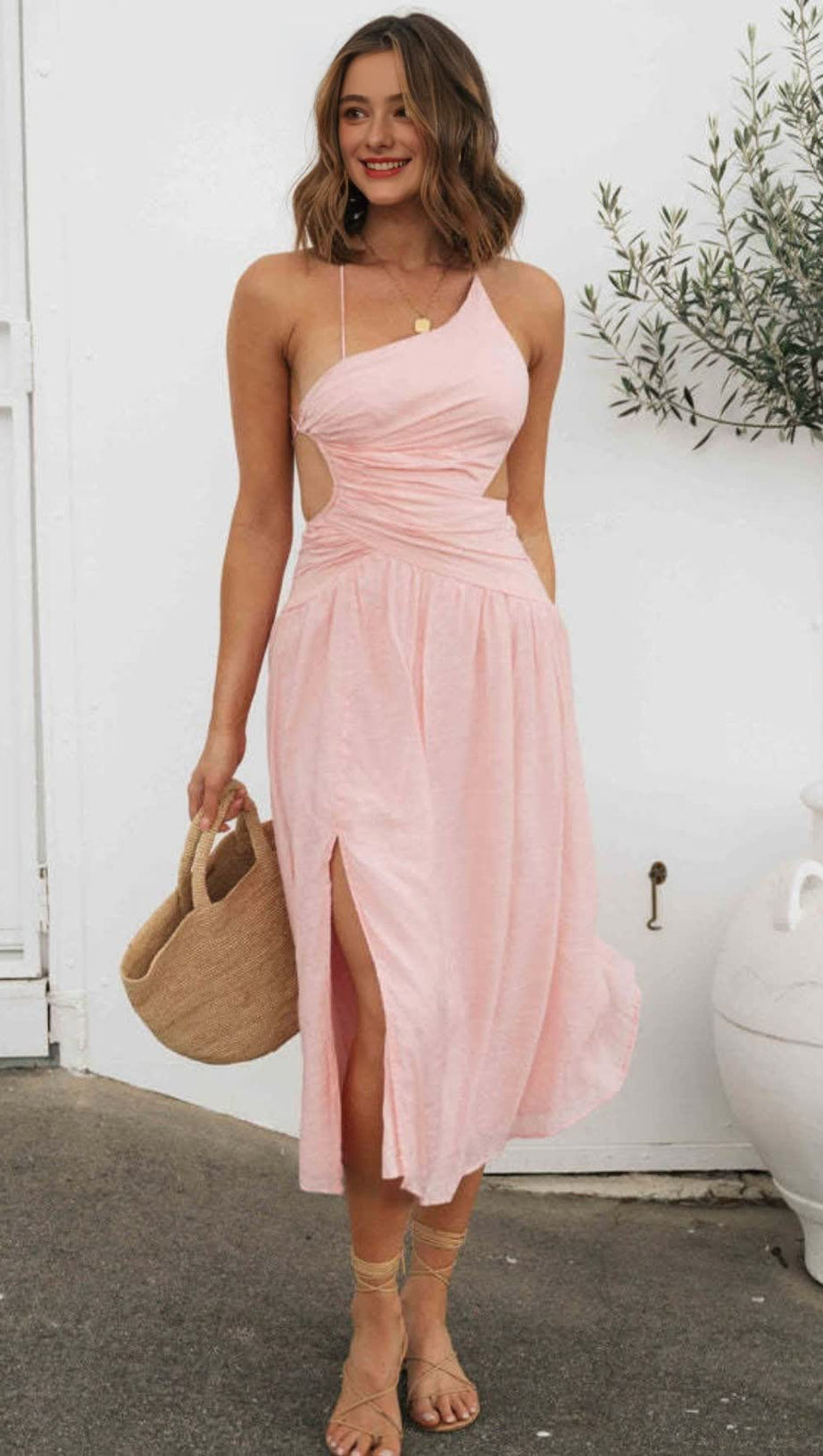 PINK SLEEVELESS BACKLESS MIDI DRESS WITH SIDE SLIT HEM