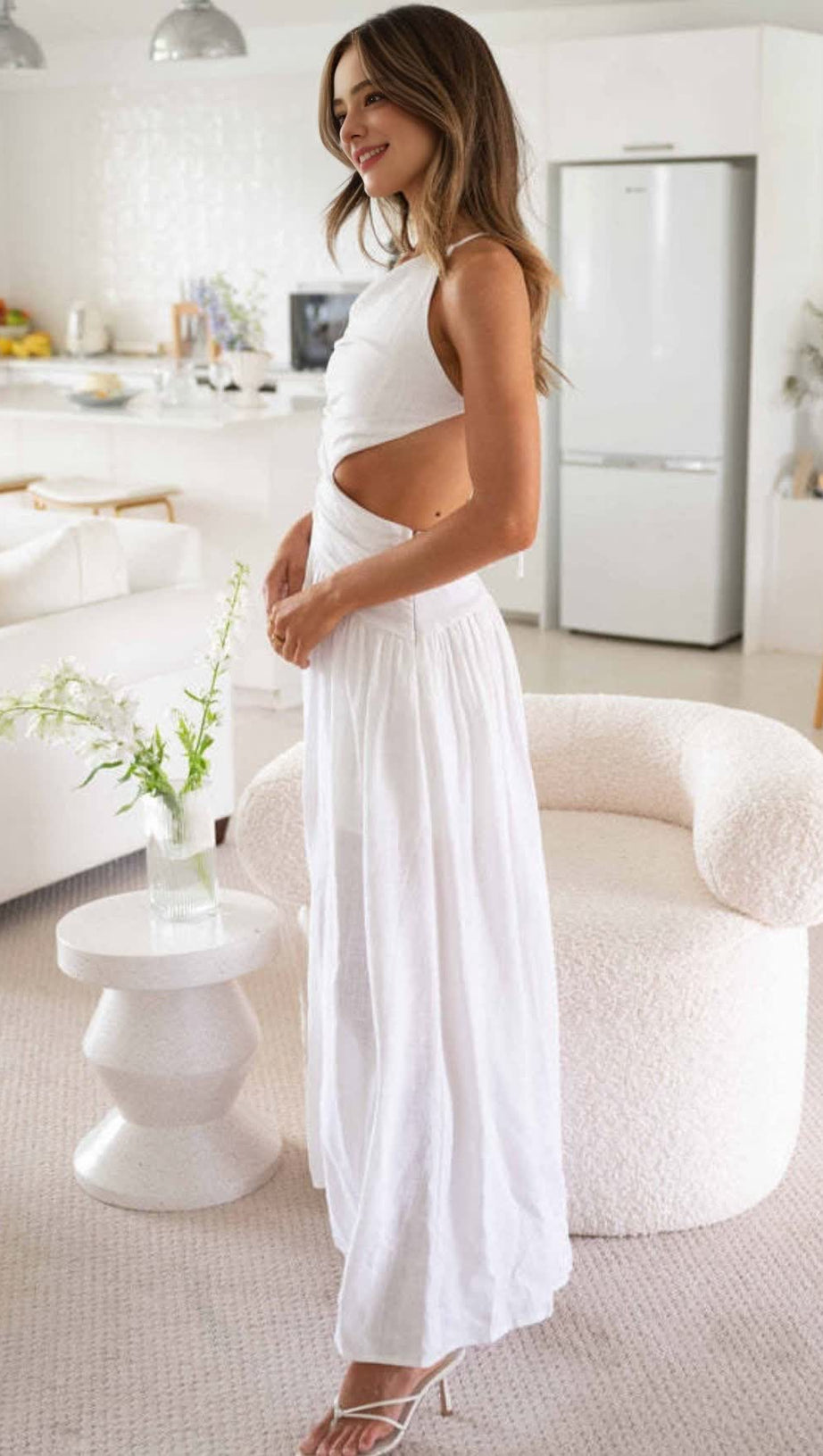 WHITE SLEEVELESS BACKLESS MIDI DRESS WITH SIDE SLIT HEM