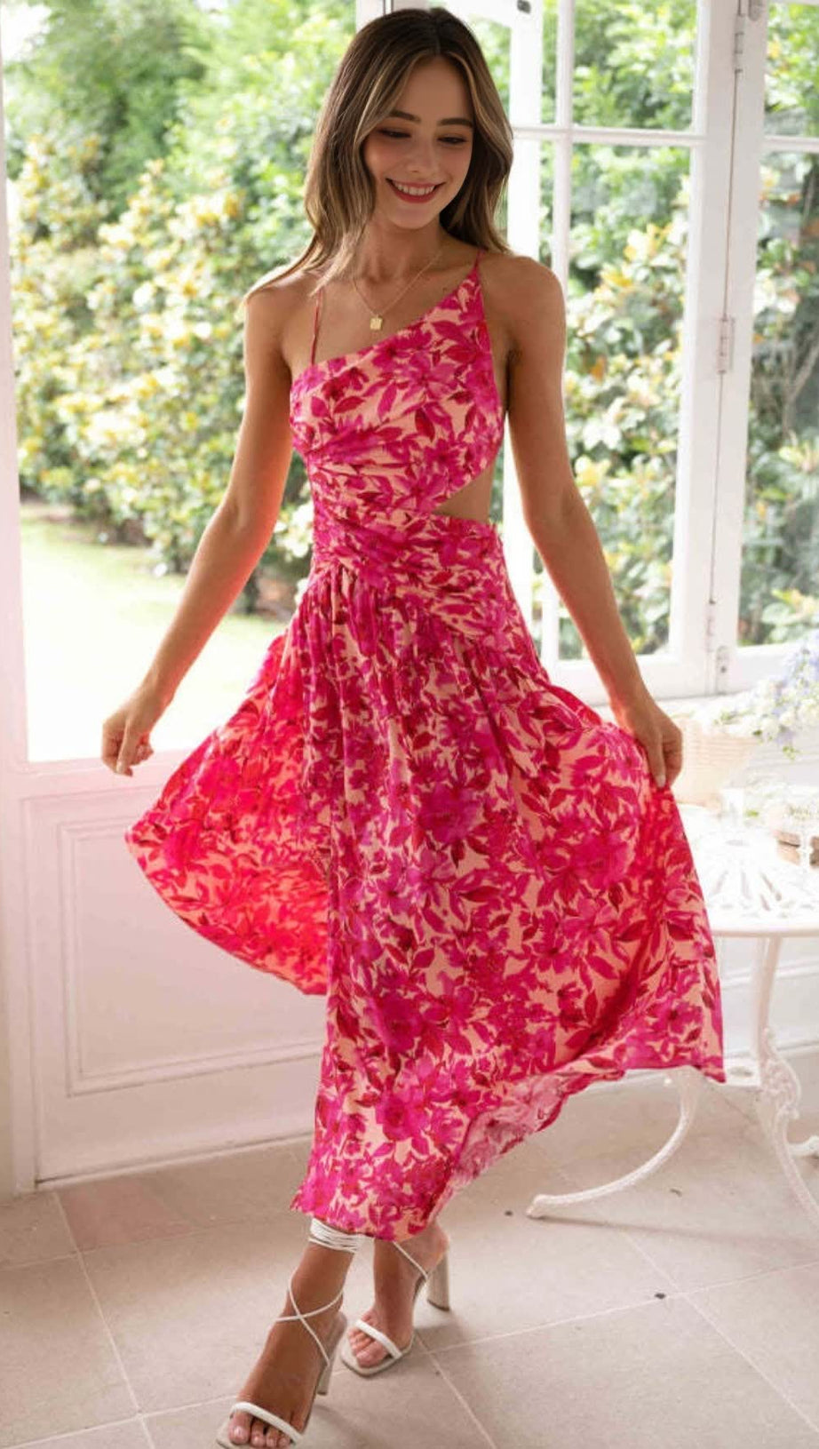 RED PRINTED SLEEVELESS BACKLESS MIDI DRESS WITH SIDE SLITS
